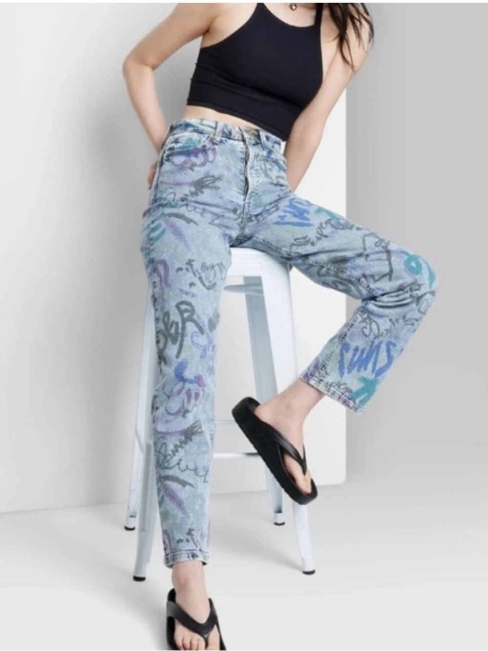 Wild Fable Graphic Print, Button Fly, Straight-leg Jeans size 10